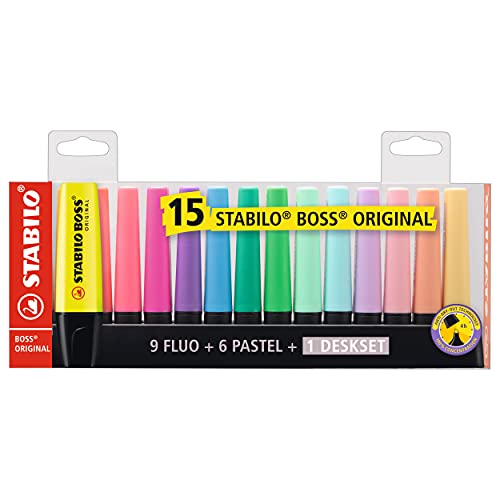 Marcador STABILO BOSS ORIGINAL - Set de mesa con 9 colores fluorescentes y 6 colores pastel
