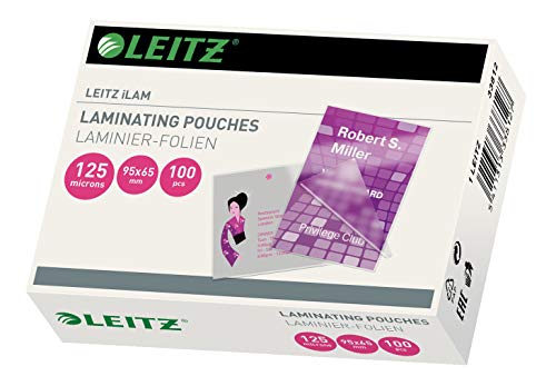 Leitz 33812 – Bolsas de plastificación hechas de material de 125 micras de grosor, pack de 100 unidades, brillante, tamaño tarjeta, color transparente