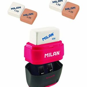 Milan- 4 Gomas Milan 430 y Sacapuntas Doble (Uno Estándar y otro Maxi) Con Depósito, Diseño Compact (Touch)