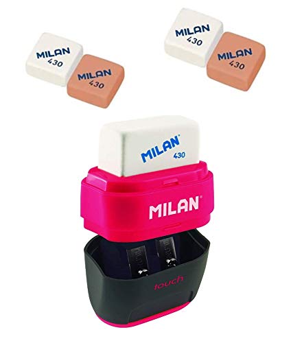 Milan- 4 Gomas Milan 430 y Sacapuntas Doble (Uno Estándar y otro Maxi) Con Depósito, Diseño Compact (Touch)