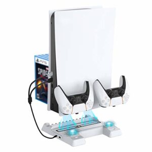 NexiGo Soporte Vertical con Ventilador de Refrigeración para Playstation 5, Estación de Carga del Mando PS5, Adicional Puerto de USB y Almacenamiento para 11 Juegos