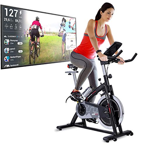 Sportstech Bicicleta Estática | Bicicleta Fitness con Volante de 22 kg - Eventos en Video & App Multijugador, Incl. eBook - Compatible con Pulsómetro - Bicicleta para Casa - hasta 125Kg | SX200