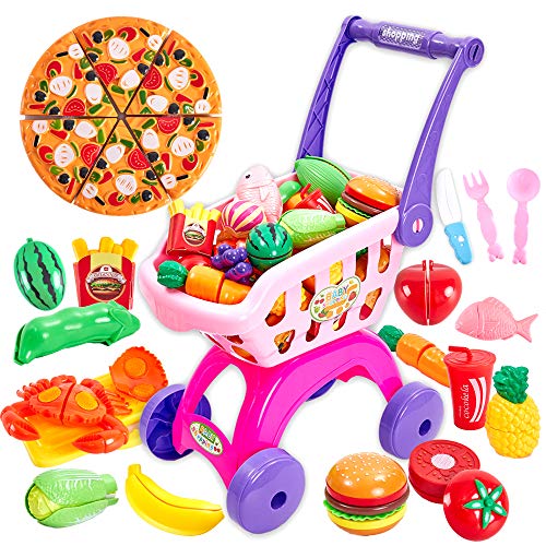 Buyger 2 en 1 Carrito Compra Frutas y Verduras Juguetes Supermercado para Cortar Cocina Alimentos Accesorios Regalo Cumpleaños para 3 4 5 Años Niños Niñas