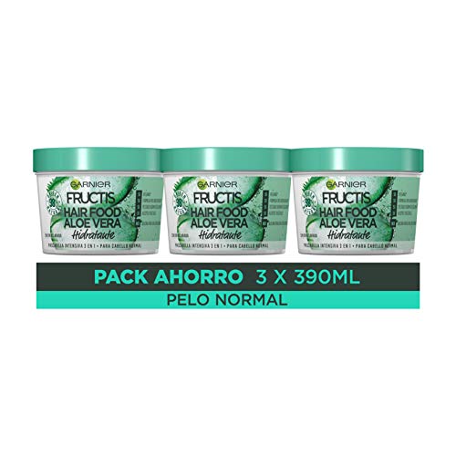 Garnier Fructis Hair Food Mascarilla 3 en 1 Aloe Vera Hidratante, indicada para Pelo Normal – Pack de 3 x 390 ml