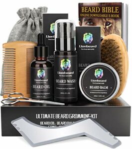 Kit Barba Cuidado para Hombre Crecimiento, Aseo y Recorte - Champú Barba, Aceite Barba, Bálsamo Barba, Cepillo Barba, Peine Barba, Tijeras para Bigote, Mejores Set Regalos para Él
