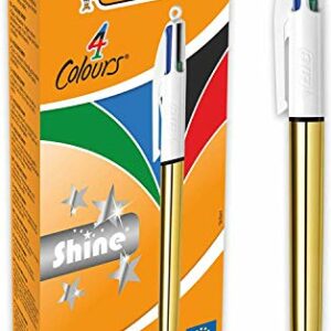 BIC 4 colores Shine - Caja de 12 unidades, bolígrafos punta media (1,0 mm), diseño metalizado, color dorado