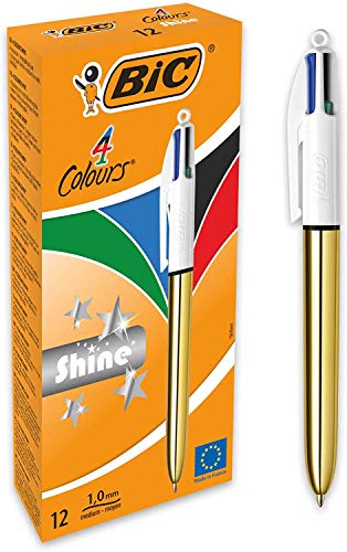 BIC 4 colores Shine – Caja de 12 unidades, bolígrafos punta media (1,0 mm), diseño metalizado, color dorado