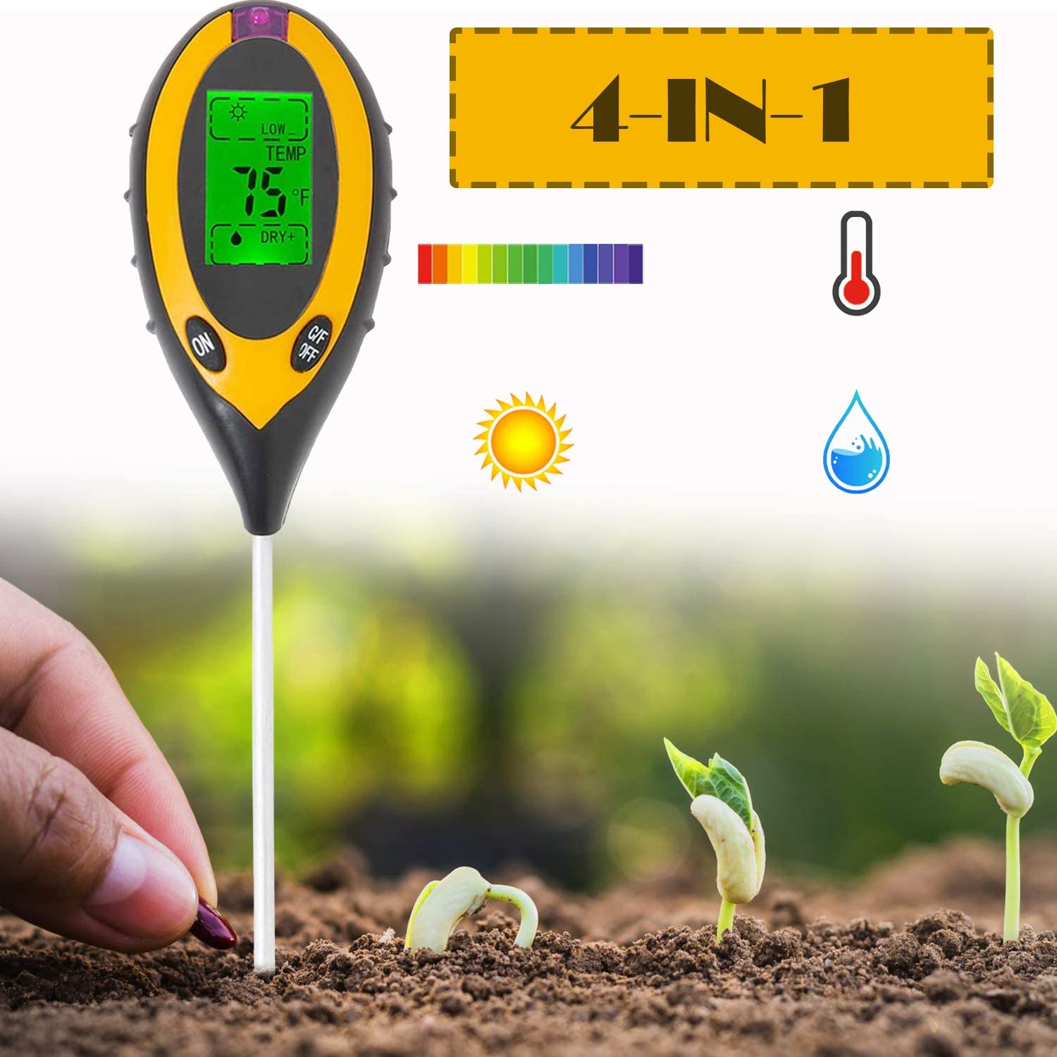 Comprobador de pH del suelo, 3/4 en 1, iluminación para PH, medidor de la acidez de la humedad, medidor de humedad, Kit de pruebas de suelo de plantas para flores