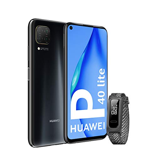 HUAWEI P40 Lite - Smartphone 6.4" (Kirin 810, 6GB RAM,128GB ROM, Cuádruple cámara, Carga Rápida de 40W, Batería de 4200mAh) Negro + Band 4e, Gris [Versión ES/PT]