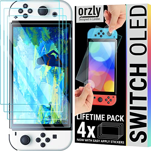 Orzly paquete de protectores de pantalla para la consola OLED de Nintendo switch modelo 2021 – Paquete de 4 vidrio templado con accesorios de fácil instalación Edición de por vida