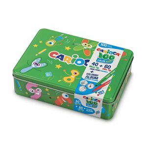 Carioca Box |42736/04 - Caja de Lata Verde con 100 Rotuladores Superlavables con Punta Fina y Maxi y Álbum para Colorear