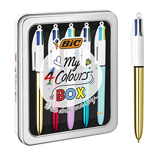BIC My 4 Colours Box – Caja de 5 Bolígrafos 4 Colores (Shine y Fun) en una bonita caja metálica – Bolígrafo retráctil con tintas en colores surtidos