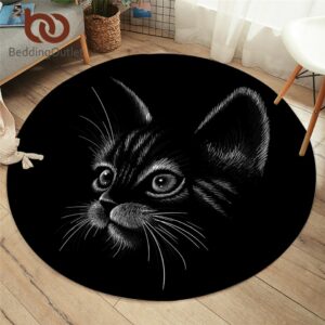 BeddingOutlet-Alfombra redonda con estampado 3D de gato blanco para dormitorio, Alfombra negra Adorable para sala de estar, 150CM, envío directo