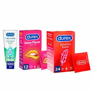 Durex Preservativos Dame Placer + Preservativos Sensitivo Suave + Lubricante Naturals H20 - Total 24 Condones + Gel 100ml, color Rojo, 37 Unidad