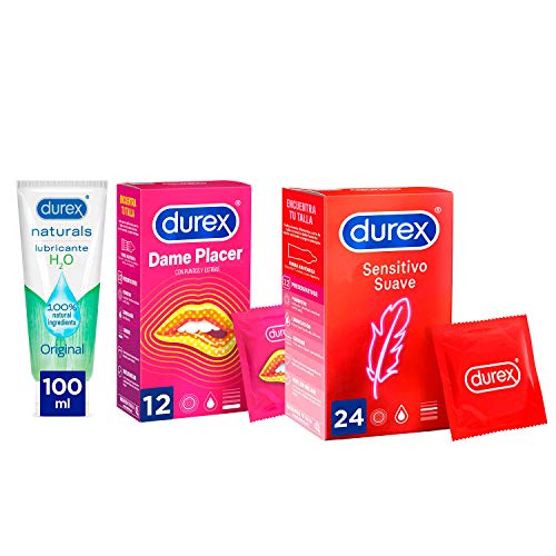 Durex Preservativos Dame Placer + Preservativos Sensitivo Suave + Lubricante Naturals H20 – Total 24 Condones + Gel 100ml, color Rojo, 37 Unidad