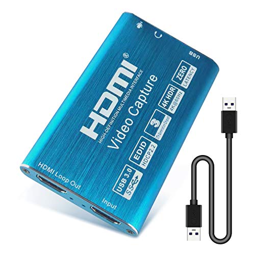 PTN Tarjeta Captura HDMI, USB 3.0 Dispositivo Captura Audio y Video 4K, Tarjeta Captura Juegos HD HDMI a USB, Transmisión en Vivo 1080P 60FPS Captura HDMI para Transmisión Vivo Grabación (Blue)