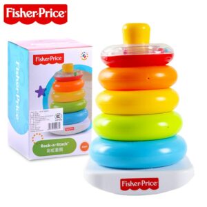 Fisher-Price-anillos de vaso para niños, juguetes de bebé, anillo de apilamiento, patrón de torre de arco iris, desarrollo inteligente, juguetes educativos para niños