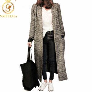 SMTHMA-Abrigo de lana de Tweed de pasarela para Mujer, chaqueta informal de celosía, Abrigo largo a cuadros de una hilera, invierno, 2021