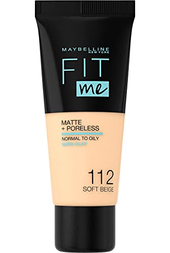 Maybelline New York, Base de Maquillaje que Calca a tu Tono Fit me! Mate y Afinaporos, Color: 112 Soft Beige