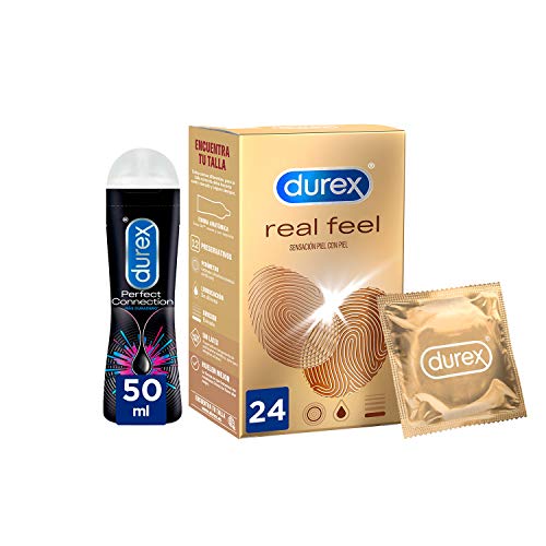 Durex Preservativos Real Feel + Lubricante Perfect Connection base silicona – 24 condones + 50ml