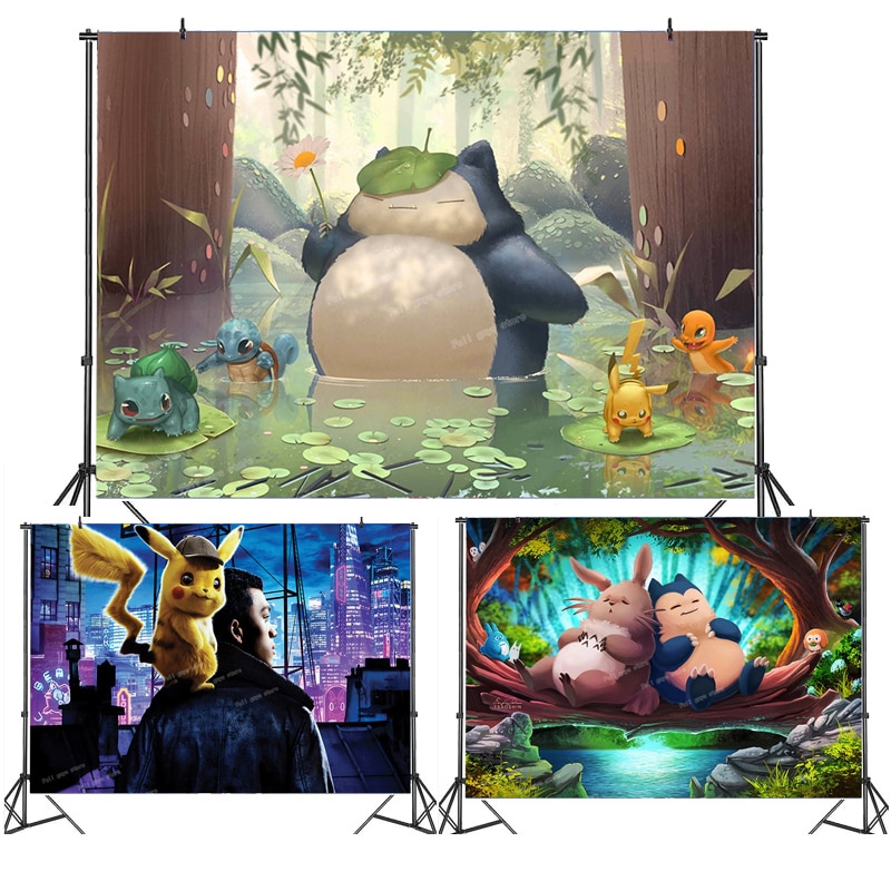 Fondo de Pokémon Pikachu Snorlax, decoración para Cumpleaños de Niños, vinilo, telón de fondo, suministros para fiesta de boda
