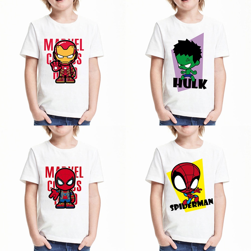 Camiseta con estampado de superhéroes de Disney para niños, camisetas con estampado Kawaii de Hulk, Iron Man, Los vengadores de Marvel
