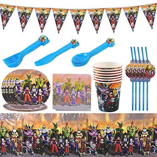 JPYH 82PCS Dragon Ball Vajilla Fiesta Decoración Conjunto de Suministros Mantel Platos Servilletas Pancartas Tazas Utensilios para Niños Cumpleaños Niñas