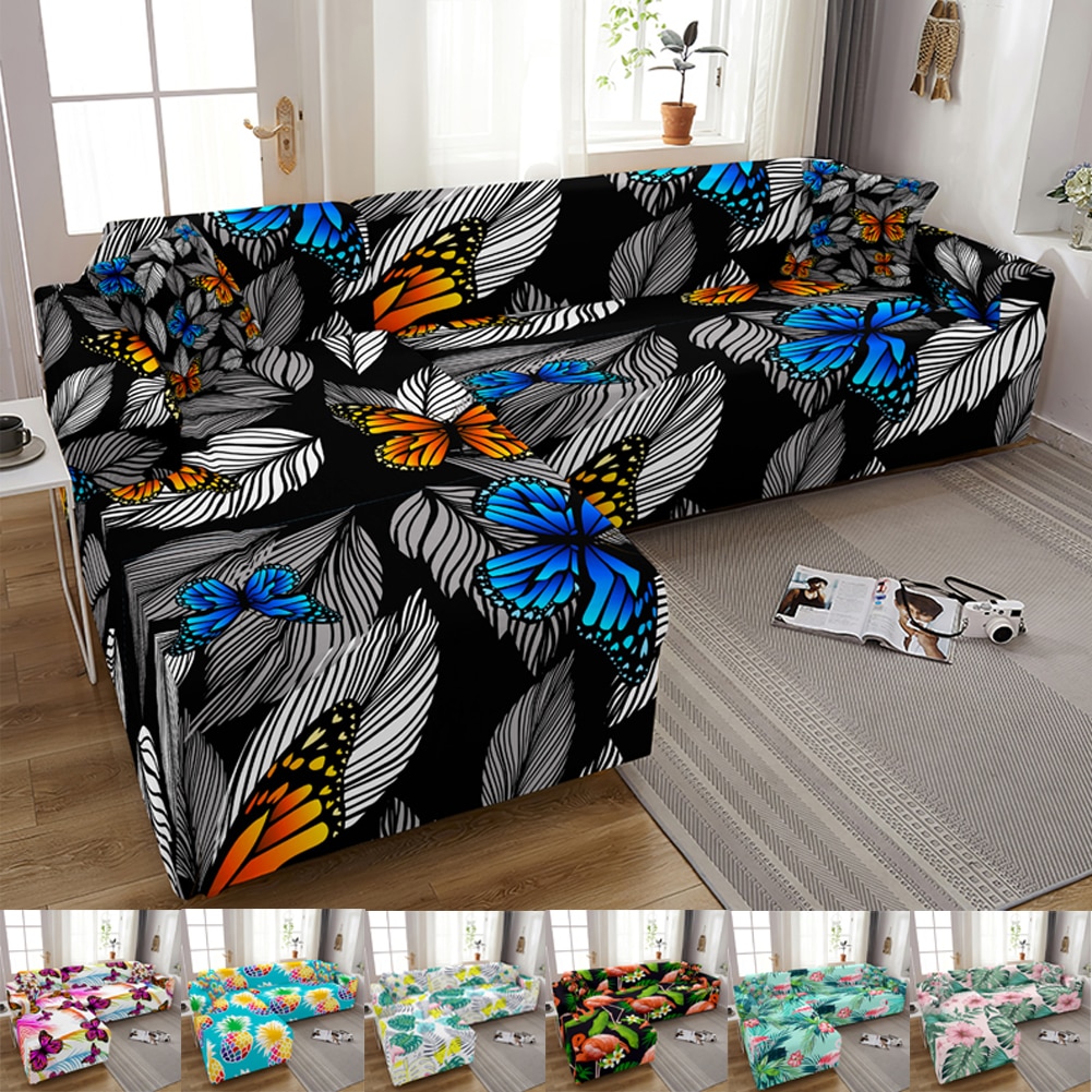 Fundas de sofá de mariposa para sala de estar, fundas elásticas, Funda de sofá elástica en forma de L, Impresión de hojas tropicales de flores