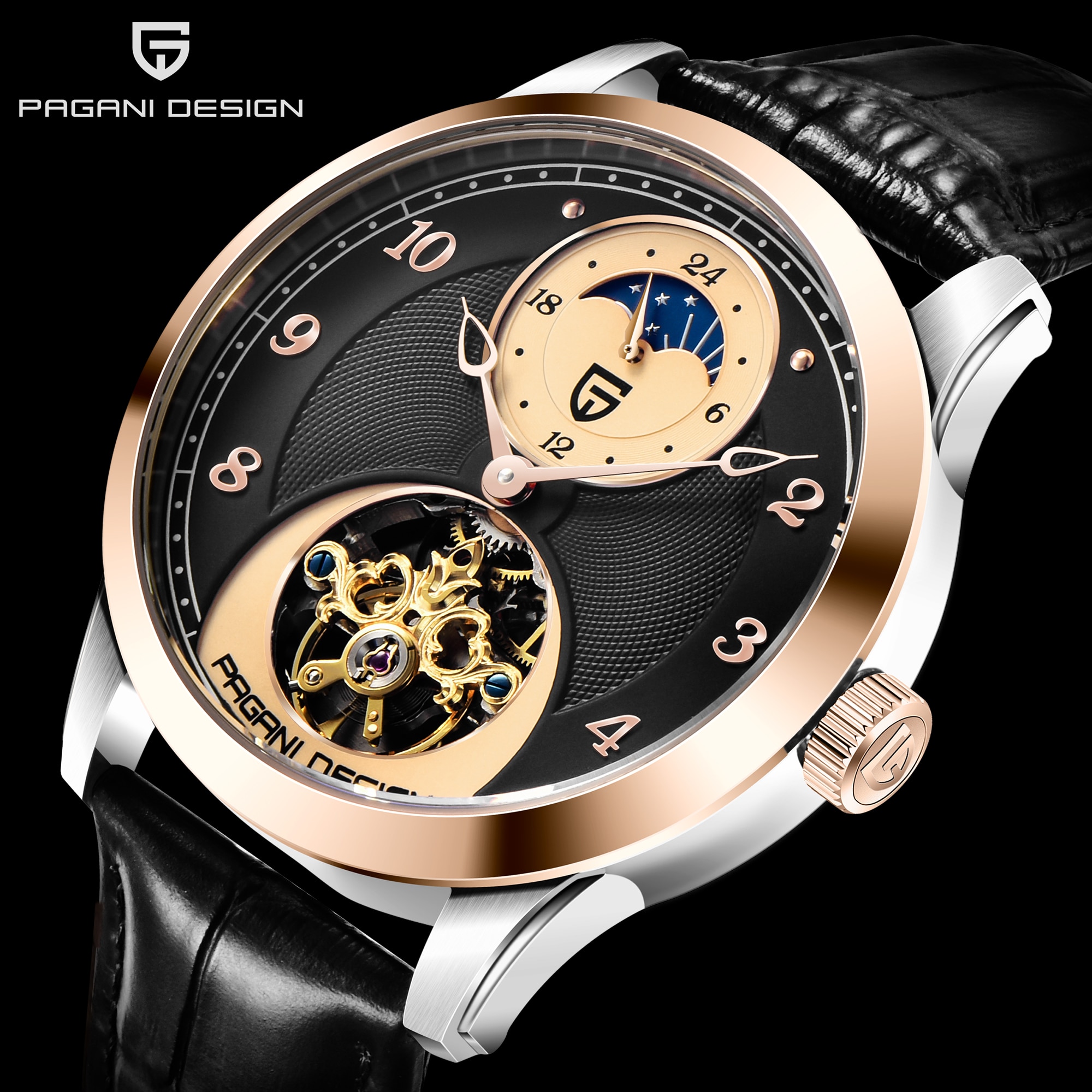 Reloj de pulsera mecánico de lujo para hombre, cronógrafo con correa de cuero, color oro rosa árabe, zafiro automático