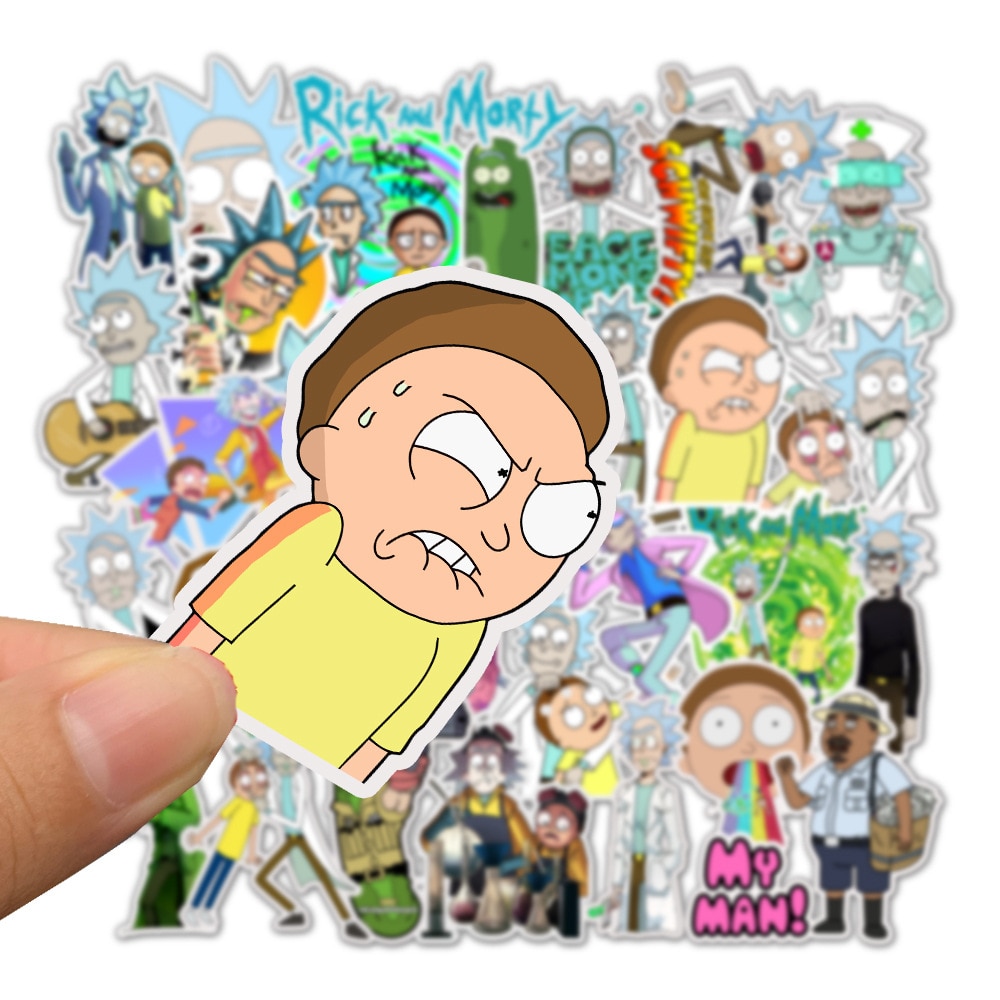 35/45 Uds de Anime de dibujos animados Rick y Morti pegatina impermeable Skateboard maleta de viaje teléfono maleta para portátil pegatina lindo chico juguete