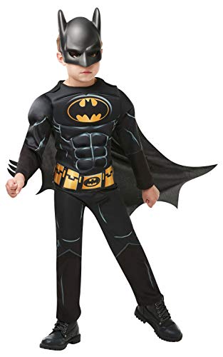 Rubies Disfraz Batman Black Core Deluxe para niño, con pecho musculoso de Lujo Oficial de Batman en color negro, capa removible y máscara para halloween, navidad, carnaval y cumpleaños