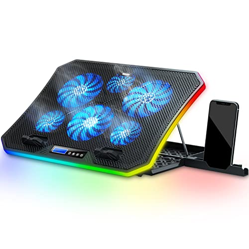 TopMate C12 Base Refrigeradora Portatil Gaming RGB para Uso de Escritorio y Regazo, Refrigeración para Portátiles de 15,6-17,3, 8 Alturas Ajustables con 6 Ventiladores y Soporte Teléfono-Luz LED Azul