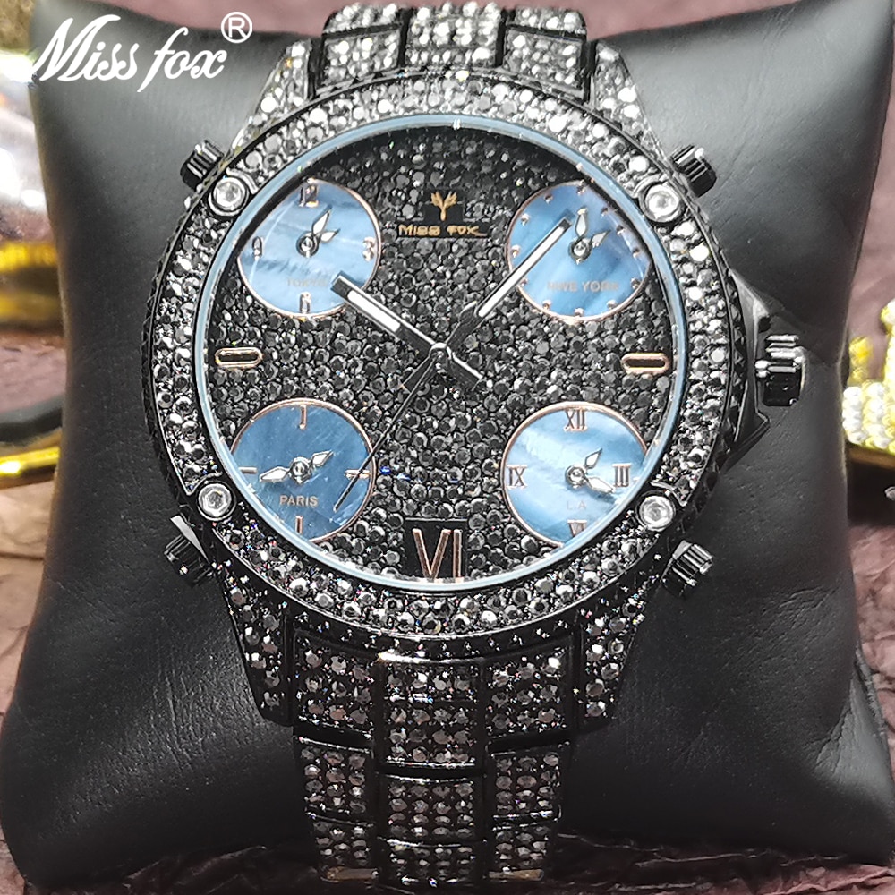 MISSFOX-reloj ejecutivo de lujo para hombre, cronógrafo de cuarzo, 5 zonas horarias, de acero negro, 51mm