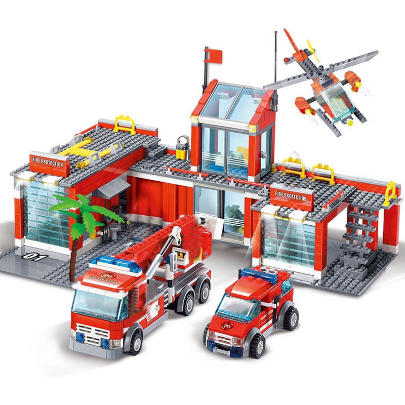 Estación de Bomberos de ciudad para niños, juego de bloques de construcción, motor de bomberos, camión de combate, piezas, juguetes Playmobil