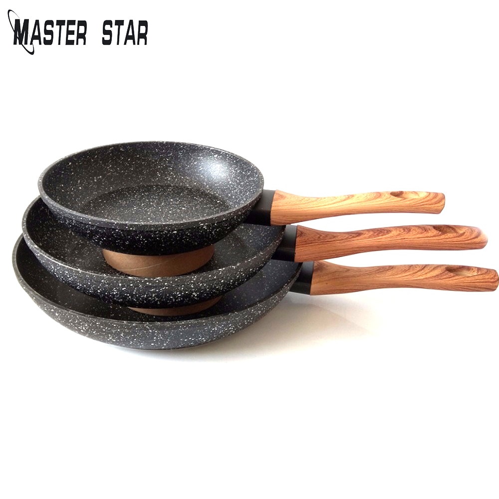 Master Star-Sartenes de madera con mango de tacto suave, juego antiadherente con recubrimiento de granito negro, Sartenes de teflón, Cocina de Inducción, 20/24/28cm