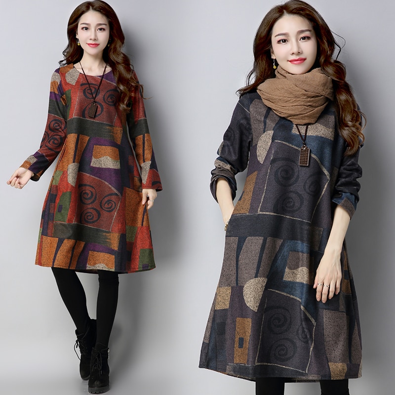 Vestido de lana de manga larga con cuello redondo para Mujer, Vestido informal holgado de retazos con Graffiti, estilo étnico, para Otoño e Invierno