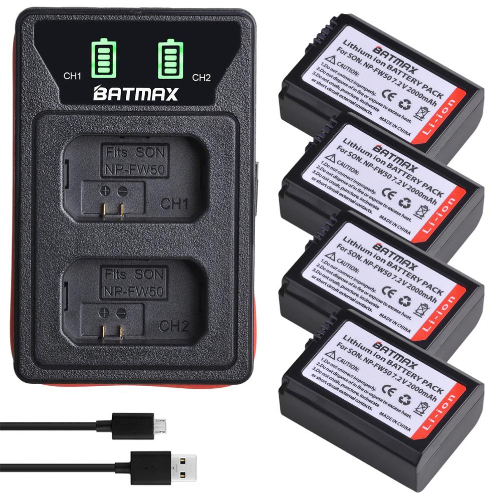 Batería NP-FW50 NP FW50 de 2000mAh, cargador Dual LED USB para Sony A6000, A6400, A6300, A6500, A7, A7II, A7RII, A7SII, A7S, A7S2, A7R, 4 unidades