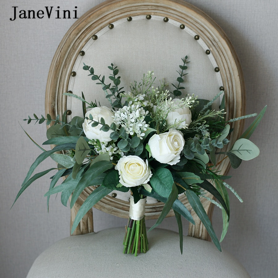 JaneVini-ramos de flores de seda hechos a mano para dama de honor, ramo Vintage europeo blanco, hoja de eucalipto verde, bohemio