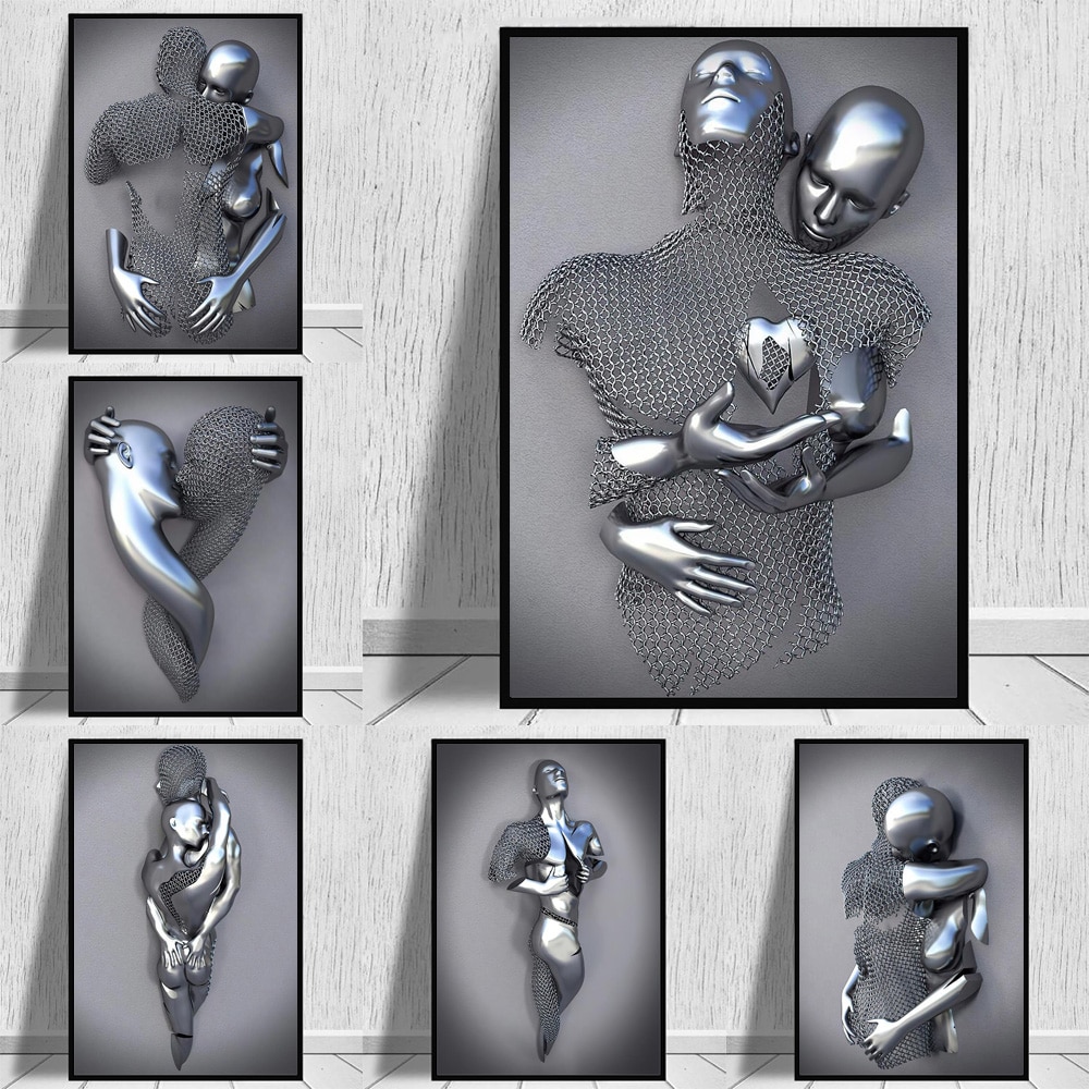 Abstracto arte Metal 3D impresiones de la lona abrazo amante pared pinturas en la nórdico decoración cartel fotos Mural Cuadros para la sala