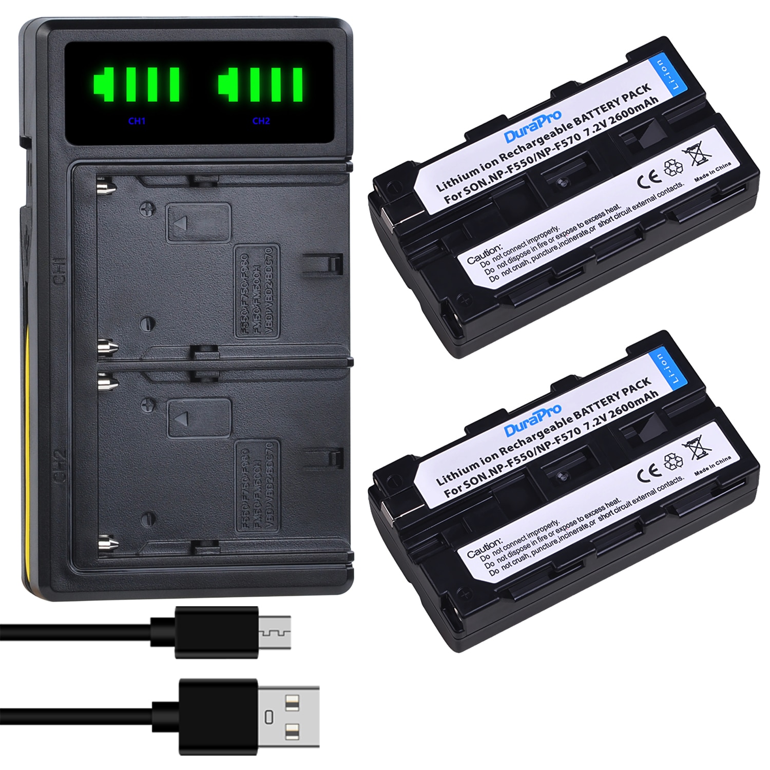 DuraPro-Batería de cámara de NP-F550 de 2600mAH, cargador Dual LED USB para Sony NP-F570, NP-F570, NP-F750 para luz de vídeo LED