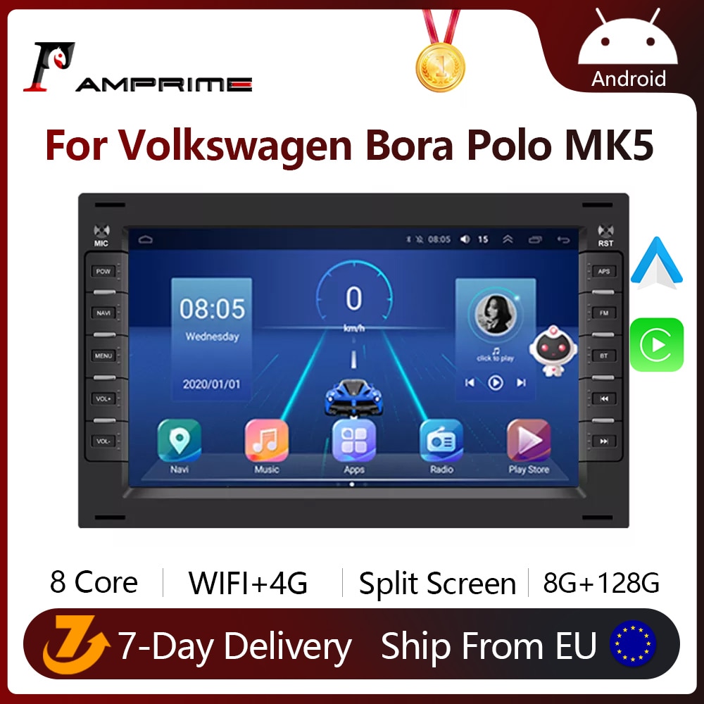 AMPrime-REPRODUCTOR Multimedia para coche, Radio con pantalla, Android, CarPlay, unidad principal, 2 Din, de 7 pulgadas RECEPTOR ESTÉREO, para VW Bora, Polo T5