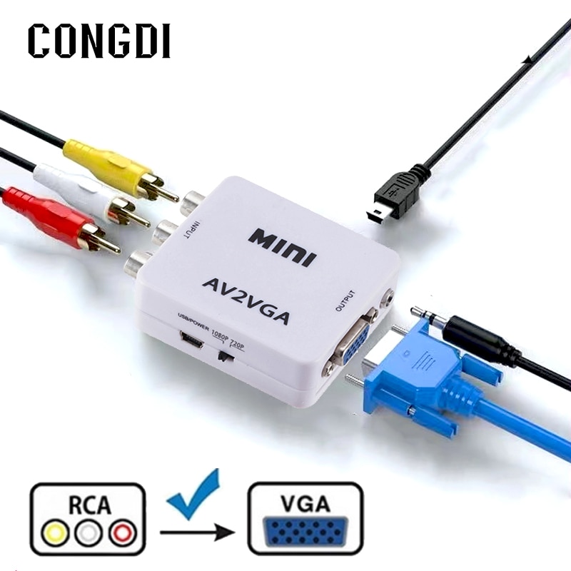 Convertidor de vídeo RCA AV CVBS a VGA, adaptador VGA a AV RCA con Cable de Audio de 3,5mm para TV Box PC Monitor 1080P HDTV Mini convertidor