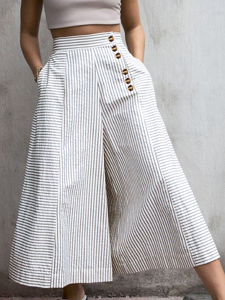 Celmia-Pantalones a rayas de cintura alta para mujer, pantalón de pierna ancha Retro, holgado, con botones, elegante, para fiesta, verano, 2022