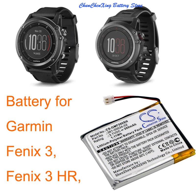 Batería de 300mAh para coche, pila de 361 mAh para Garmin Fenix 3, Fenix 3 HR, CS-GMF300SH, 00034