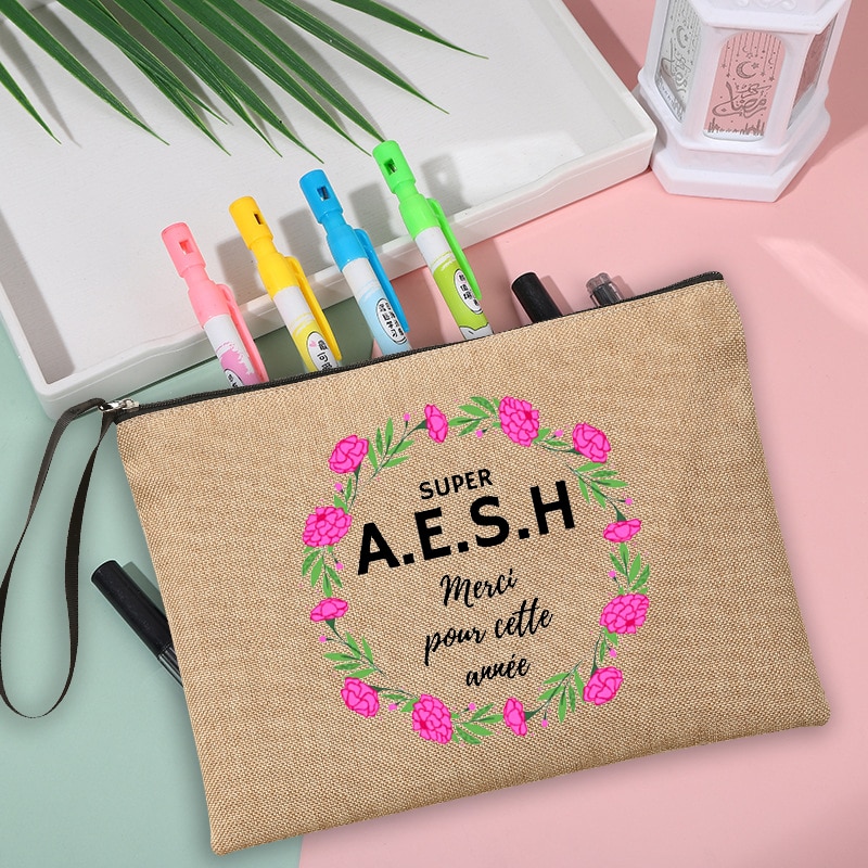 Super AESH-Bolsa de maquillaje estampada para mujer, Neceser de lino con cremallera, organizador de artículos de tocador de viaje, bolsas de almacenamiento de lápices escolares, regalos AESH