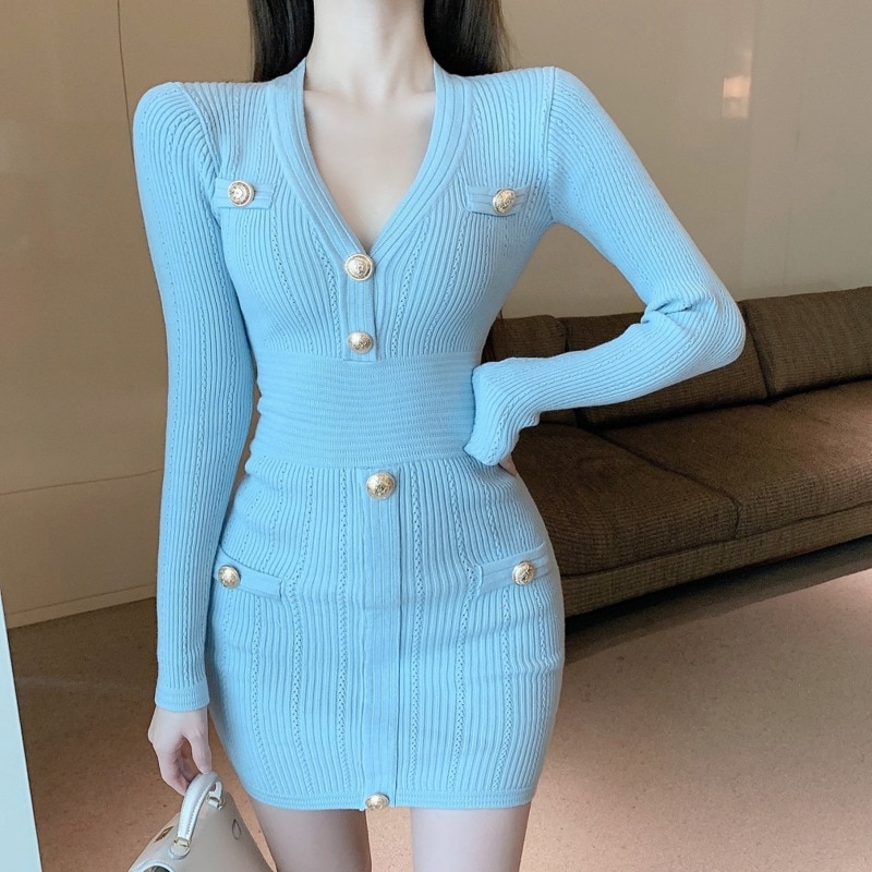 Vestido corto ajustado de punto para mujer, ropa de moda coreana, otoño e invierno, 2021