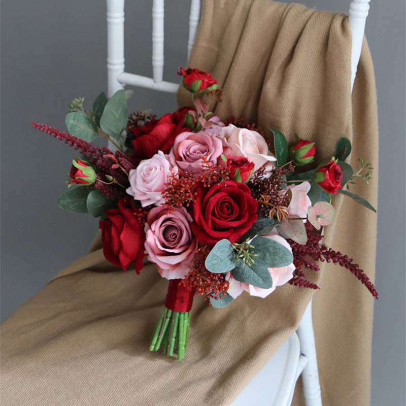 NZUK-ramo De Novia De color rojo, Rosa artificial, Accesorios De flores para dama De honor