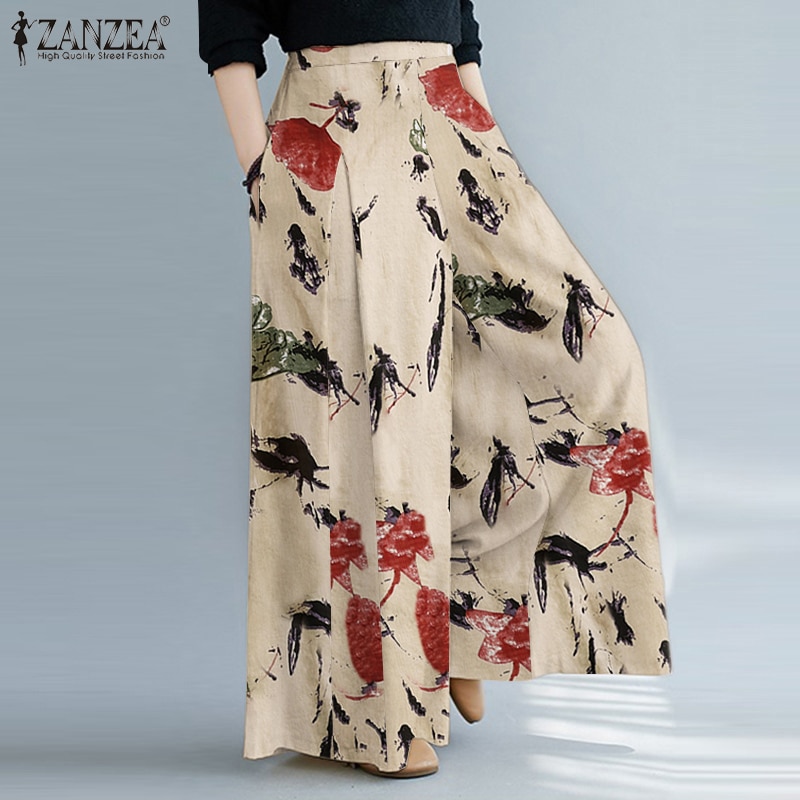 ZANZEA-Pantalones bohemios de pierna ancha para mujer, pantalón largo y holgado estilo Palazzo, informal, de cintura alta, temporada otoño, 2022