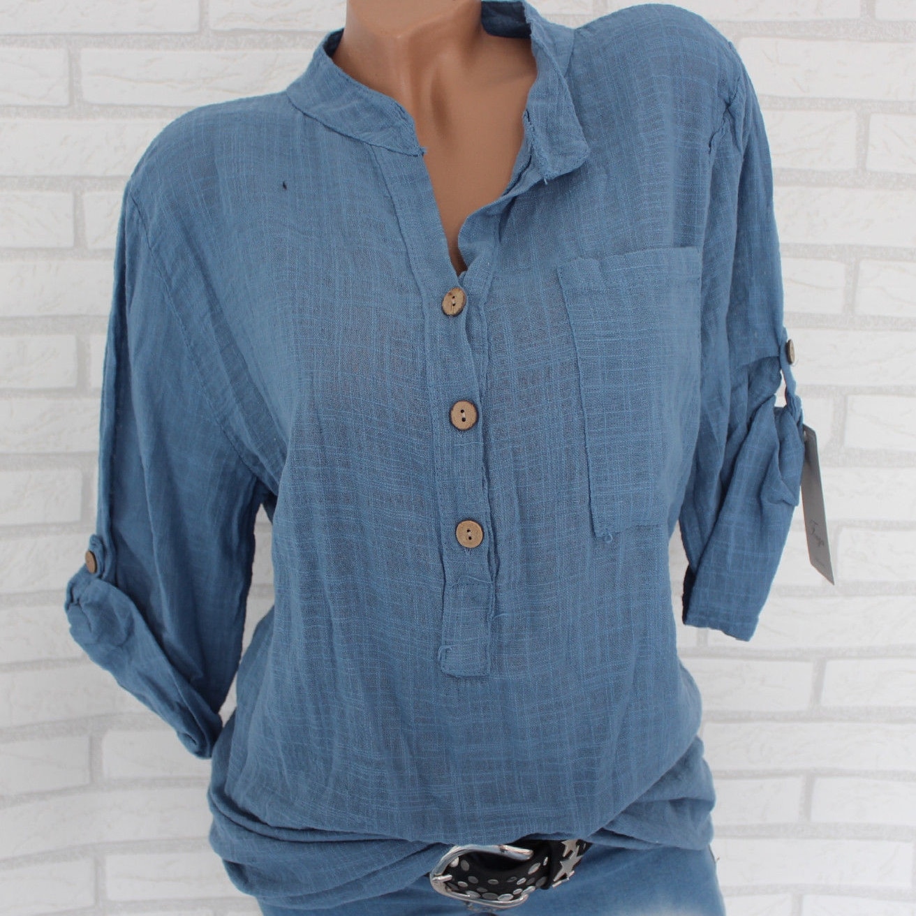 Blusa blanca de lino y algodón para mujer, camisa holgada de talla grande, con bolsillos y botones, color gris y azul, estilo Harajuku