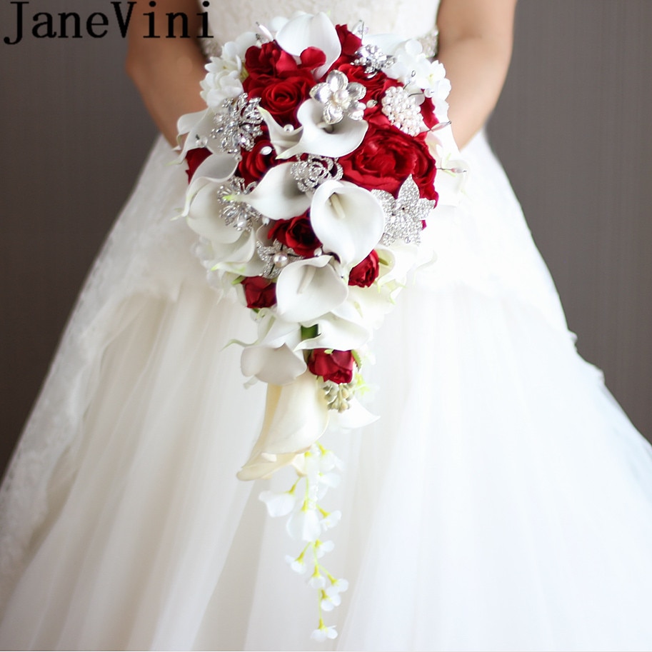 JaneVini-ramo de rosas rojas Vintage, broche de novia con cristal de cascada, Perla blanca, ramo de boda, flores artificiales, 2018